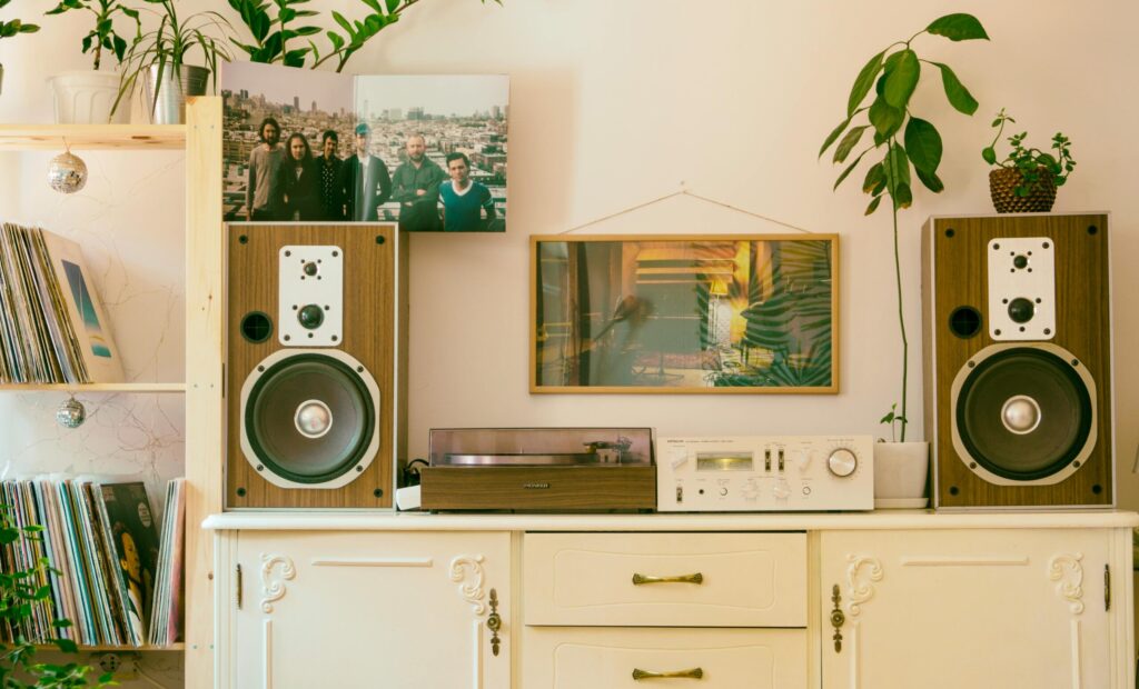 Retro home interior featuring vintage stereo, speakers, and houseplants for cozy atmosphere.