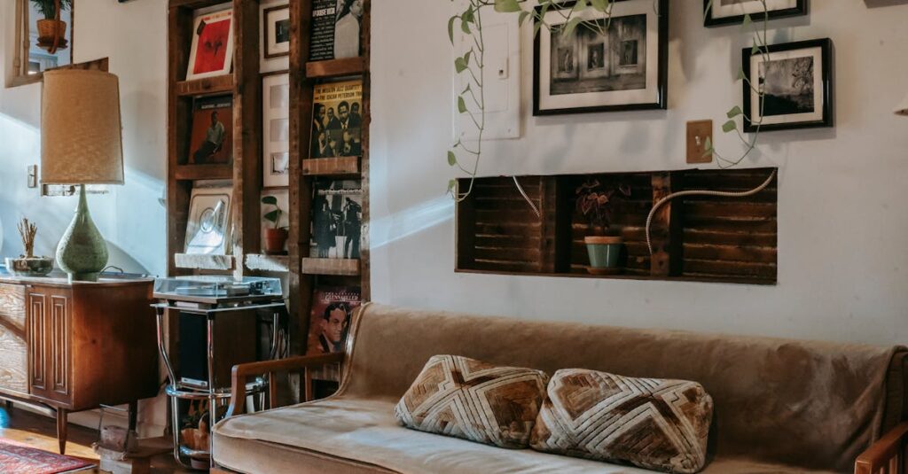 Interior of stylish living room with comfortable couch placed near shelf with collection of vintage vinyl records and wooden cabinet decorated with classic table lamp